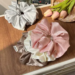 French vintage oversized silk satin scrunchies set in four elegant pastel colors