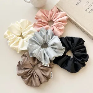 Set of five elegant French retro satin silk scrunchies in assorted pastel colors for women