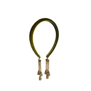 Serre-tête en velours vert avec pompons dorés et cloches pour accessoire de cheveux ethnique