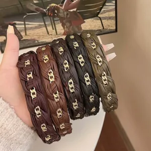Elegant braided faux leather headbands with gold chain accents, five-piece color collection set.