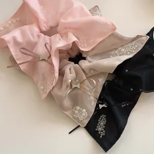 Korean Elegant Pearl Bow Mesh Fabric Hair Scrunchies For Women Soft Butterfly Knot Ponytail Holder Sweet Hair Accessories