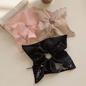 Elegant square fabric hair scrunchies with pearls, rhinestones, and bows in three colors