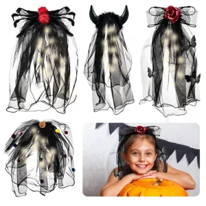 LED Halloween black veils with devil horns, spiders, and roses for kids' costumes.