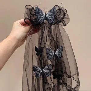 Gothic black mesh bridal veil with butterflies and LED lights for Halloween decor