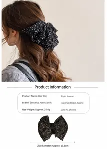 Détails de la grande pince à cheveux à nœud pois noir avec spécifications de taille