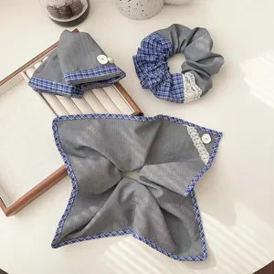 Sweet retro grey and blue plaid scrunchie set with matching lace hair scarf bandana