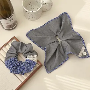 Sweet grey fabric hair scrunchie set featuring blue plaid patterns and vintage lace