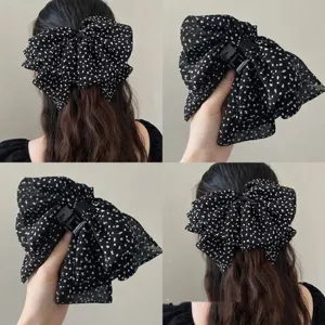 Grande pince à cheveux à nœud triple épaisseur à pois noirs et blancs pour coiffures élégantes