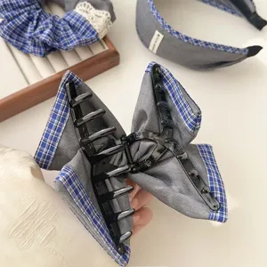 Sweet blue plaid and gray fabric hair accessories set with lace scrunchie and claw clip