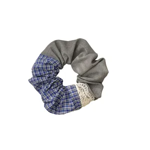 Sweet blue plaid and grey fabric hair scrunchie with vintage lace detail for ponytail