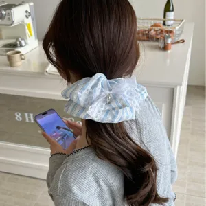 Blau Weiß Gestreifter Spitze Haargummi Mit Schleife Hohe Elastizität Haarschmuck Stoff Chouchou Für Damen Täglich