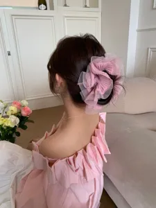 Detailansicht eines eleganten rosa Organza-Haargummis auf einem schicken Ballett-Dutt