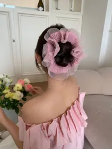 Rosafarbener Haargummi aus Organza mit Falten für Dutt, süßes Balletcore-Haar-Accessoire