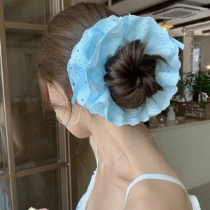 Light blue four-layer lace scrunchie with drawstring for stylish hair buns