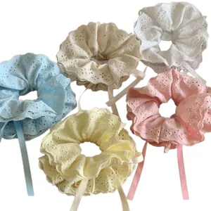 Set of five multi-layered lace drawstring hair scrunchies in pastel colors