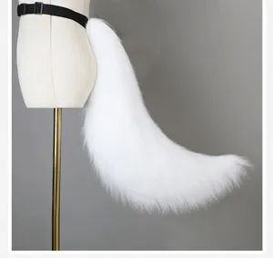 Large handmade white plush animal tail cosplay prop with adjustable black waist strap.