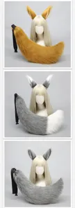 Detailed view of plush cosplay animal ears and fluffy fox wolf tail costume accessory set.