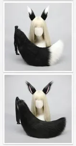 Plush cosplay animal ears and large fluffy tail set, soft faux fur accessory for parties.