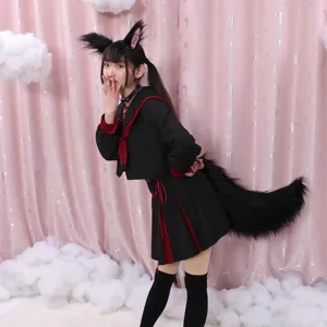 Handmade fluffy cat fox ears tail cosplay set, black red sailor uniform anime accessory.