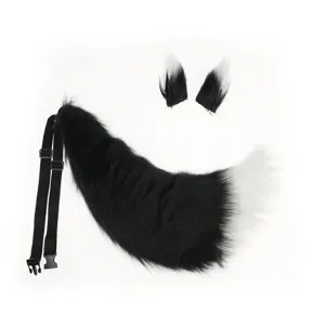 Black and white plush animal tail and ears cosplay costume set with adjustable strap.