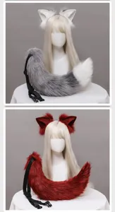 Fluffy faux fur fox ears headband and tail set for cosplay, detailed plush texture view.