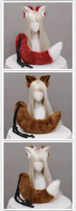Detailed view of fluffy fox ears headband and tail cosplay set, soft artificial plush material.