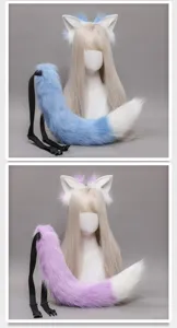 Detailed close-up of fluffy faux fur fox ears headband and tail cosplay accessory set.