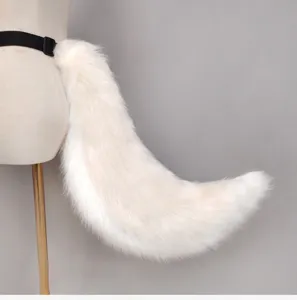 Fluffy white plush tail detail view, soft faux fur cosplay prop with adjustable black strap.