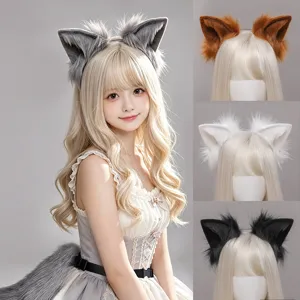 Fluffy faux fur animal fox ears headband and tail cosplay costume set for party dress up.