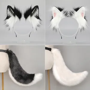 Handmade Plush Animal Ears Headband And Tail Set Anime Cosplay Costume Prop Black And White Fluffy Tail Party Dress Up