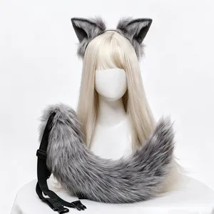Grey plush fox ears headband and fluffy tail cosplay set, perfect for anime costume party.