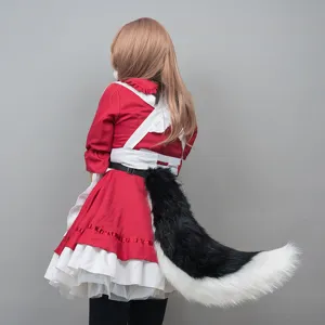 Plush fox tail cosplay costume set, fluffy black and white anime tail with red dress.