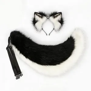 Faux Fur Animal Ears Headband And Tail Cosplay Set Black White Fluffy Anime Costume