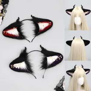Halloween gothischer Dämonen Tierohr Haarreif Plüsch Haarschmuck mit Hörnern und Kette