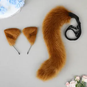 Faux fur animal fox ears and tail cosplay set for Halloween party dress up main display.
