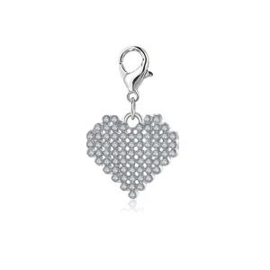 Close-up of silver-tone heart charm pendant with sparkling crystals and lobster clasp