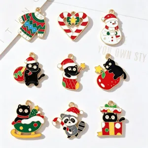 Breloques de Noël en émail avec bonhomme de neige et chat pour la création de bijoux DIY