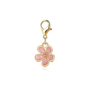 Detailed view of pink enamel flower charm with gold-plated lobster clasp