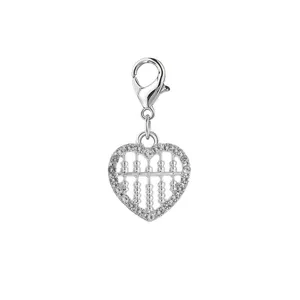 Close-up of silver heart-shaped abacus charm with crystal inlay and lobster clasp