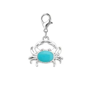 Zilveren krab hanger met karabijnsluiting en blauwe steen voor DIY sieraden maken.