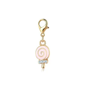 Cute gold lollipop charm with pink enamel and sparkling crystals for DIY bracelets