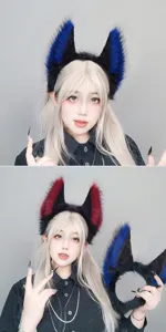 Gothic plush animal ear headband detail, werewolf devil cosplay hair hoop, punk subculture style.