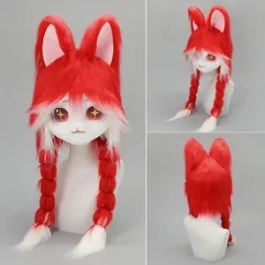 Tête de Mascotte Furry Lapin Cosplay Costume Coiffe Peluche Longues Tresses Anime Convention Masque d'Animal Oreilles Accessoire de Fête