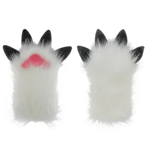 Guanti da zampa di animale in peluche carini cosplay, artigli di bestia bianca accessori.