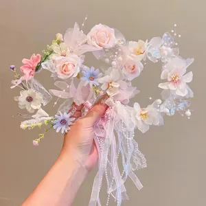 Handmade elegant floral wreath headband with white lace ribbons for girls fairy style headpiece