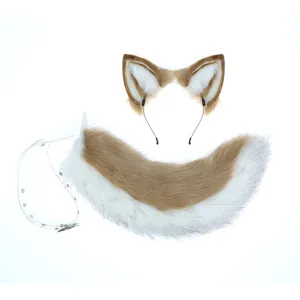Handmade fluffy faux fur animal ears headband and tail cosplay costume set for anime conventions.