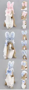 Sweet Lolita plush rabbit ears headband and lace bow hair accessories set for cute cosplay styling.