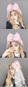 Sweet Lolita pink bow lace headband hair accessory set for cute anime fashion styling.