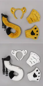 Detailed view of plush animal ears, tail and paw costume set in yellow and white styles.