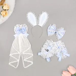 Sweet Lolita lace bow hair accessories set with bunny ears headband and cute veil for women.